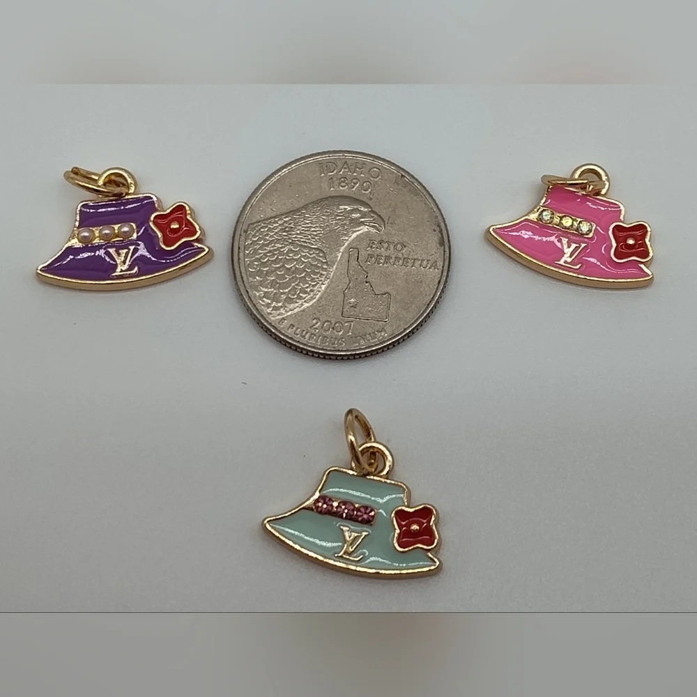 LOUIS VUITTON LV Hat Charm Trio Pearl Rhinestone Gold Tone Set Purple Teal Pink